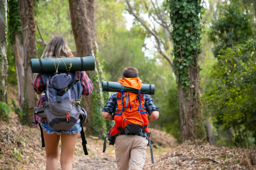 back view backpackers walking mountainous trail caucasian hikers traveler carrying backpacks hiking forest together backpacking tourism adventure summer vacation concept (1)